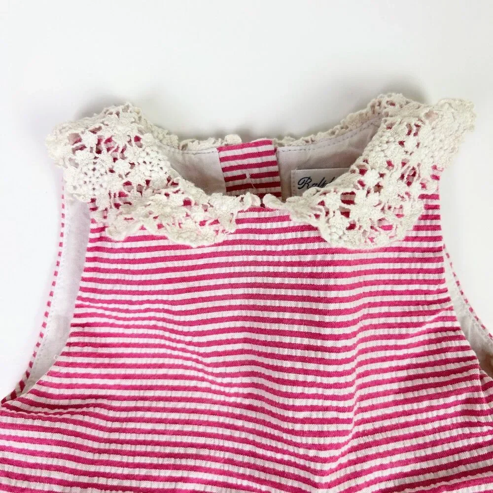 Ralph Lauren Pink White Stripe Seersucker Lace Collar Flouncy Baby Dress 12 Mnth